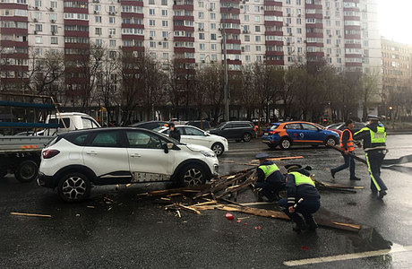 Непогода в Москве: пострадали люди, ветер повалил деревья и щиты, движение затруднено