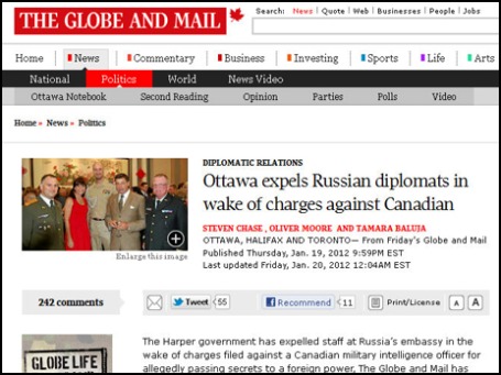 На снимке, опубликованном в газете The Globe and Mail, подполковник Дмитрий Федорчатенко (крайний слева), который, по утверждению издания, был выслан из Оттавы. Фото экрана сайта theglobeandmail.com