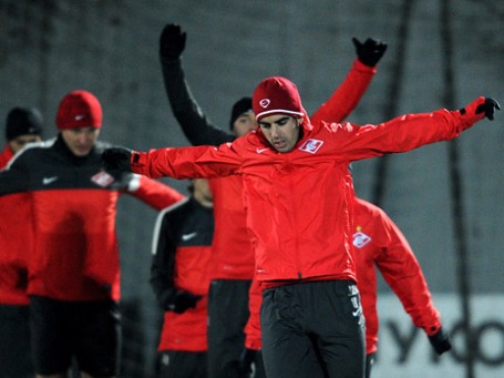 Игроки «Спартака» тренируются перед матчем группового этапа Лиги Чемпионов УЕФА 2012/13 против ФК «Барселона». Фото: РИА Новости