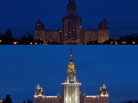 Здание МГУ. С подсветкой и без. Фото: РИА Новости