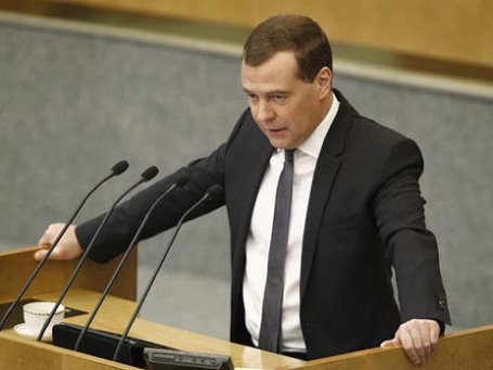 Премьер-министр РФ Дмитрий Медведев выступает на заседании Государственной думы РФ. Фото:Reuters