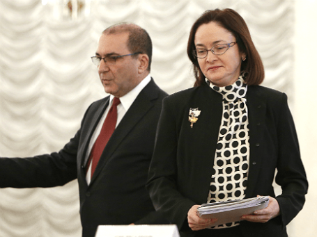 Президент Ассоциации российских банков (АРБ) Гарегин Тосунян и глава Центрального банка РФ Эльвира Набиуллина на XXV Съезде Ассоциации российских банков. Фото: ИТАР-ТАСС.