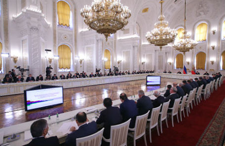 Во время заседания Госсовета РФ в Кремле на тему развития отечественного бизнеса в условиях членства РФ в ВТО и антироссийских санкций.