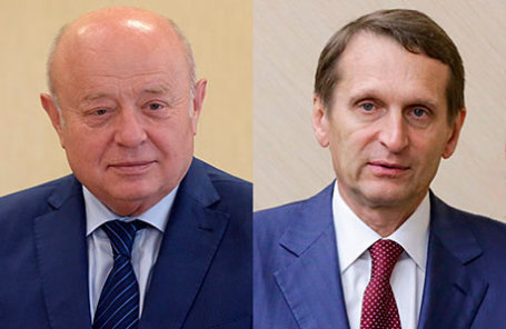 Директор Службы внешней разведки РФ Михаил Фрадков (справа) и  спикер Госдумы РФ Сергей Нарышкин.