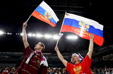 Российские болельщики на матче чемпионата мира по хоккею.
