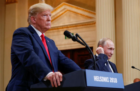 Президент США Дональд Трамп и президент России Владимир Путин на совместной пресс-конференции в Хельсинки, 16 июля 2018 года.