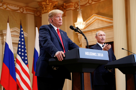 Президент США Дональд Трамп и президент России Владимир Путин на совместной пресс-конференции в Хельсинки, 16 июля 2018 года