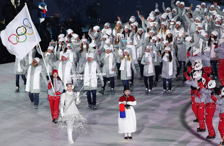 Делегация спортсменов из России на зимних Олимпийских играх в Южной Корее. 2018 год.