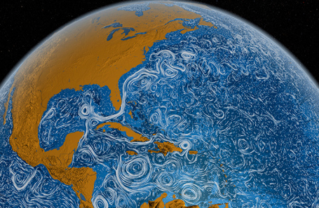 Визуализация течение Гольфстрима вдоль восточного побережья Северной Америки.