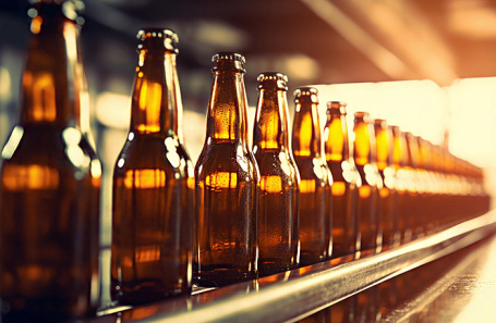 Bottles of beer on a production line.