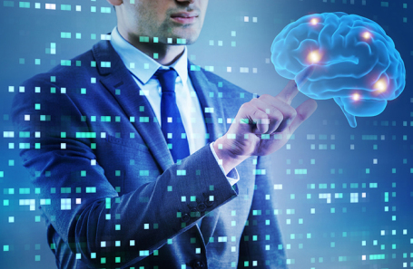 A stylized image of a human brain with digital elements, representing AI and mental health.