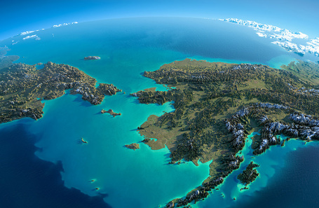 Смоделированный вид из космоса на Чукотку, Аляску и Берингов пролив.