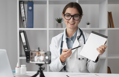 Портрет врача во время видеоконференции в клинике