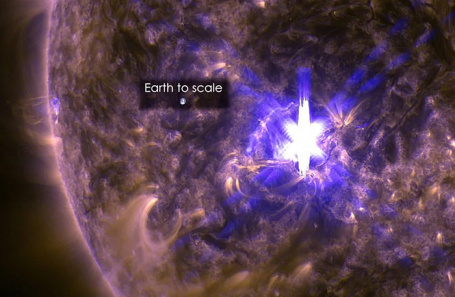 Солнце и Земля в масштабе (архив). На фото: средняя солнечная вспышка, зафиксированная Обсерваторией солнечной динамики NASA.