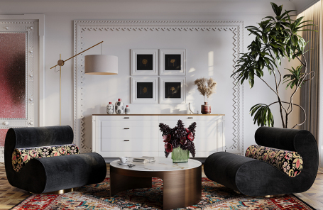 Интерьерные акценты в традиционном русском стиле гармонично вписаны в минималистичный интерьер.