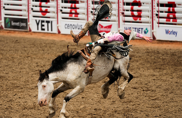 Участник соревнований по езде без седла во время родео Calgary Stampede в Калгари, Альберта, Канада.