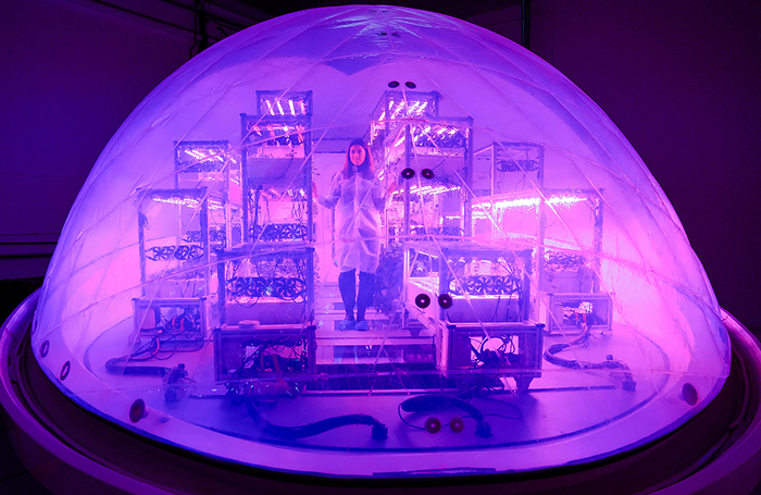 Высокотехнологичная теплица, управляемая искусственным интеллектом, предназначенна для выращивания растений и развития сельского хозяйства, борьбы с изменением климата и подготовки к будущей жизни на Марсе в Interstellar Lab в Иври, Франция.