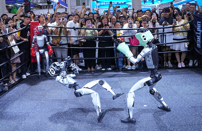 Бой гуманоидных роботов на X Всемирной конференции робототехники в Пекине, Китай.