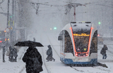 Во время снегопада в Москве, Россия.