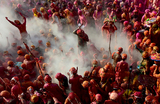 Жители бросают друг в друга краски во время празднования «Латмар Холи» в помещении храма в городе Нандгаон, штат Уттар-Прадеш, Индия.