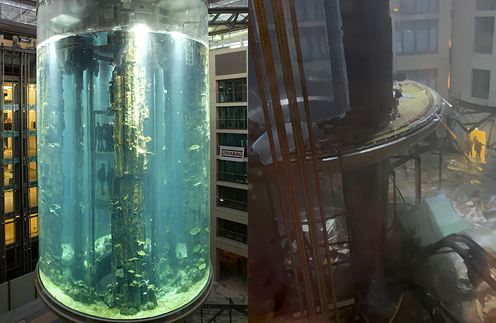 В Берлине лопнул гигантский цилиндрический аквариум