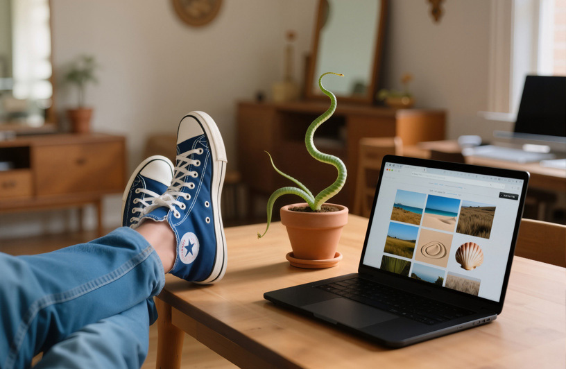 Молодой человек, работающий за ноутбуком в креативной обстановке